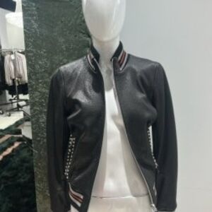 Ottimo Black Leather Bomber Jacket with Striped Collar